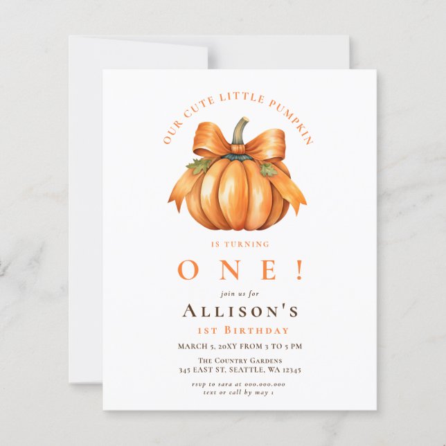 Budget Coquette Bow Pumpkin Fall Birthday Invite (Front)