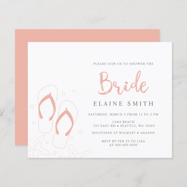 Budget Coral Flip Flops Beach Bridal Shower Invite (Front/Back)