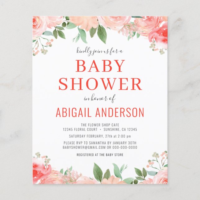 Budget Coral Floral Baby Shower Invitation Flyer (Front)