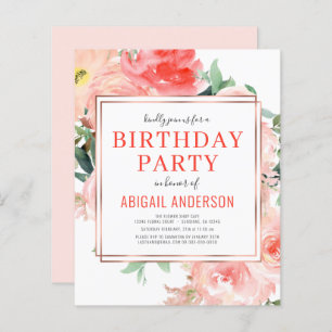 Budget Coral Floral Birthday Party Invitation