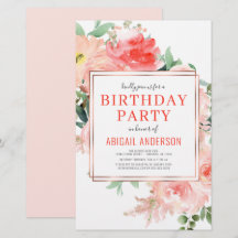 Budget Coral Floral Birthday Party Invitation