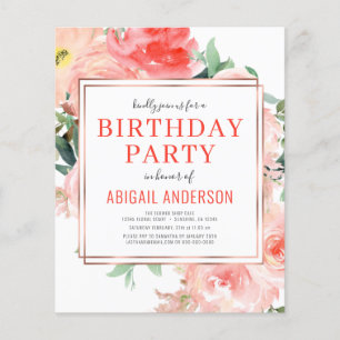 Budget Coral Floral Birthday Party Invitation Flyer
