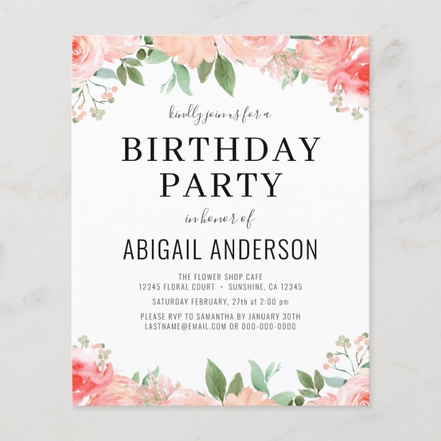 Budget Coral Floral Girly Birthday Invitation Flyer (Front)