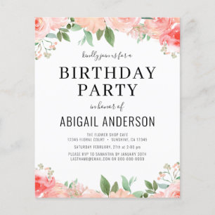 Budget Coral Floral Girly Birthday Invitation Flyer