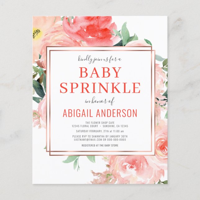 Budget Coral Floral Peach Baby Sprinkle Invitation Flyer (Front)