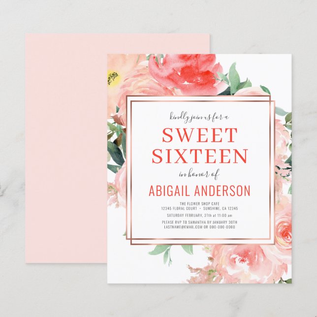 Budget Coral Floral Peach Sweet Sixteen Invitation (Front/Back)
