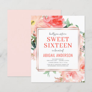 Budget Coral Floral Peach Sweet Sixteen Invitation