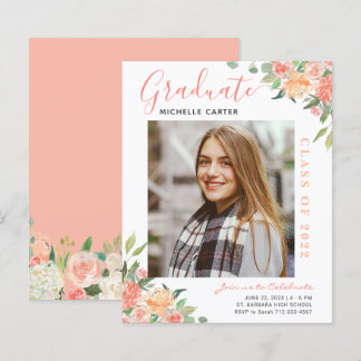Budget Coral Floral Photo Graduation Announcement