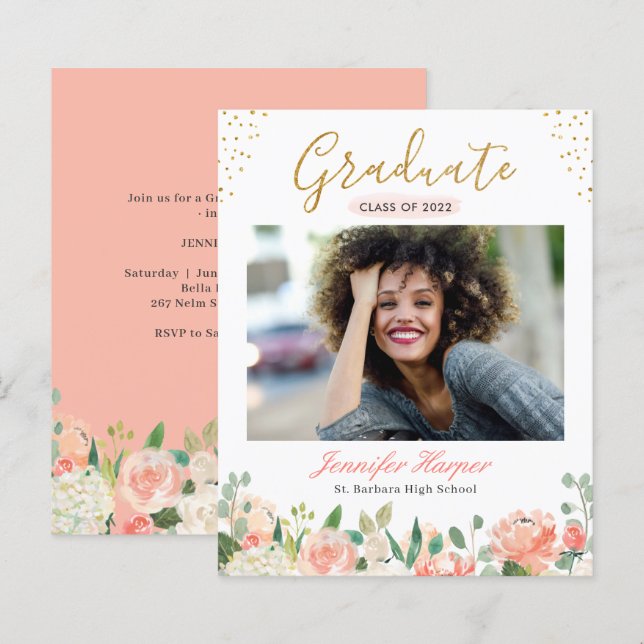 Budget Coral Floral Photo Graduation Announcement (Front/Back)