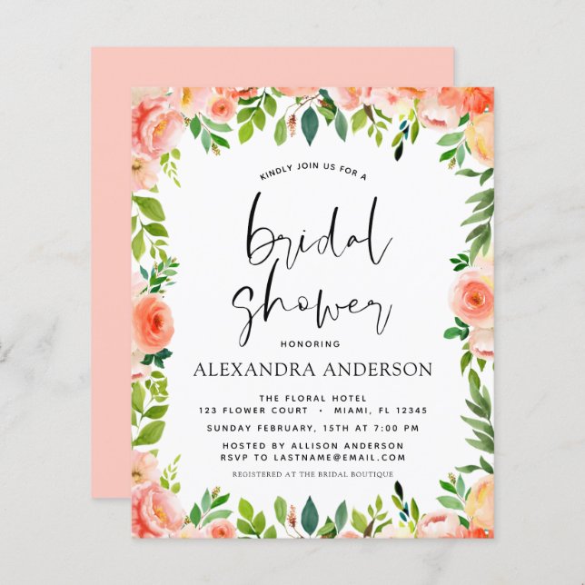 Budget Coral Peach Bridal Shower Floral Invitation (Front/Back)