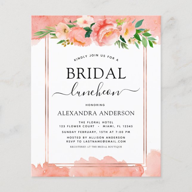 Budget Coral Peach Bridal Shower Luncheon Flyer (Front)