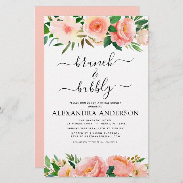 Budget Coral Peach Brunch & Bubbly Bridal Shower (Front/Back)