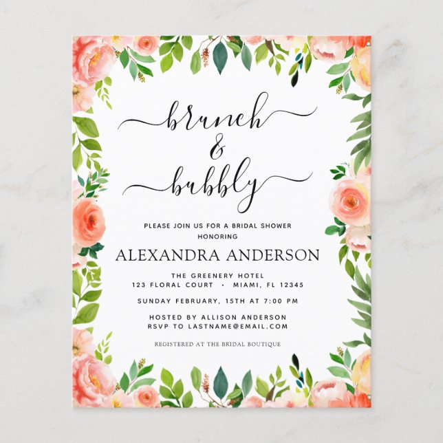 Budget Coral Peach Brunch & Bubbly Bridal Shower Flyer (Front)