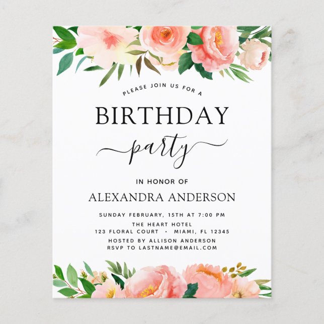 Budget Coral Peach Floral Birthday Invitation (Front)
