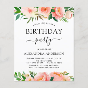 Budget Coral Peach Floral Birthday Invitation