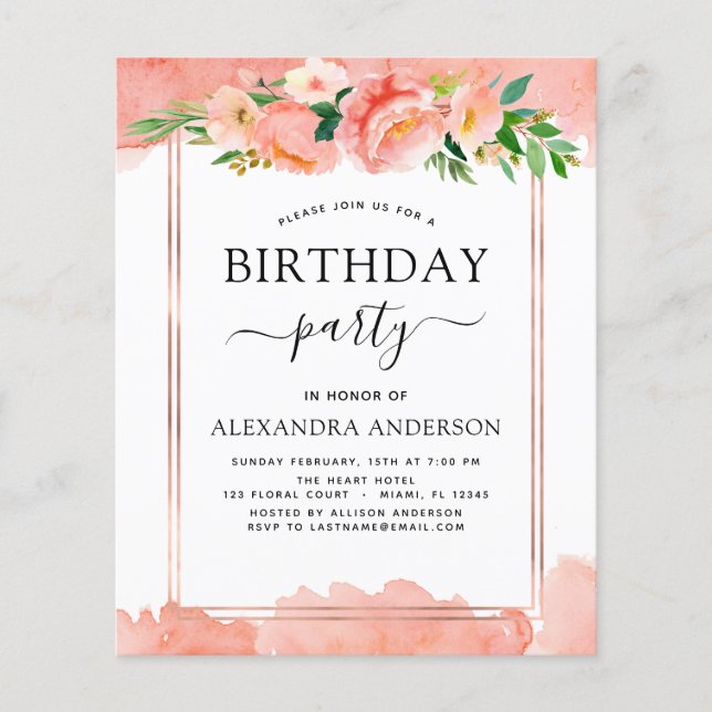 Budget Coral Peach Floral Birthday Invitation (Front)
