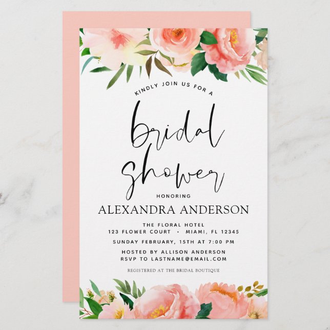 Budget Coral Peach Floral Bridal Shower Invitation (Front/Back)