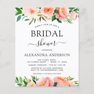 Budget Coral Peach Floral Bridal Shower Invitation Flyer