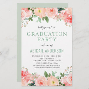 Budget Coral Peach Floral Graduation Invitation