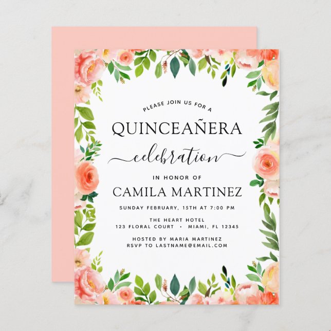 Budget Coral Peach Floral Quinceañera Invitation (Front/Back)