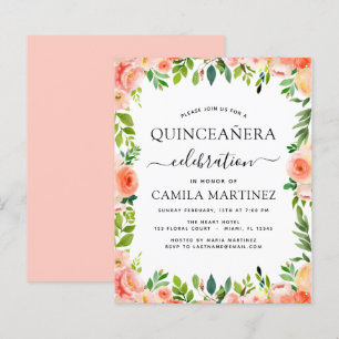 Budget Coral Peach Floral Quinceañera Invitation