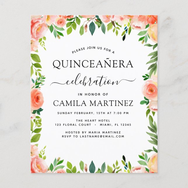 Budget Coral Peach Floral Quinceañera Invitation Flyer (Front)