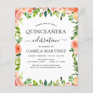 Budget Coral Peach Floral Quinceañera Invitation Flyer