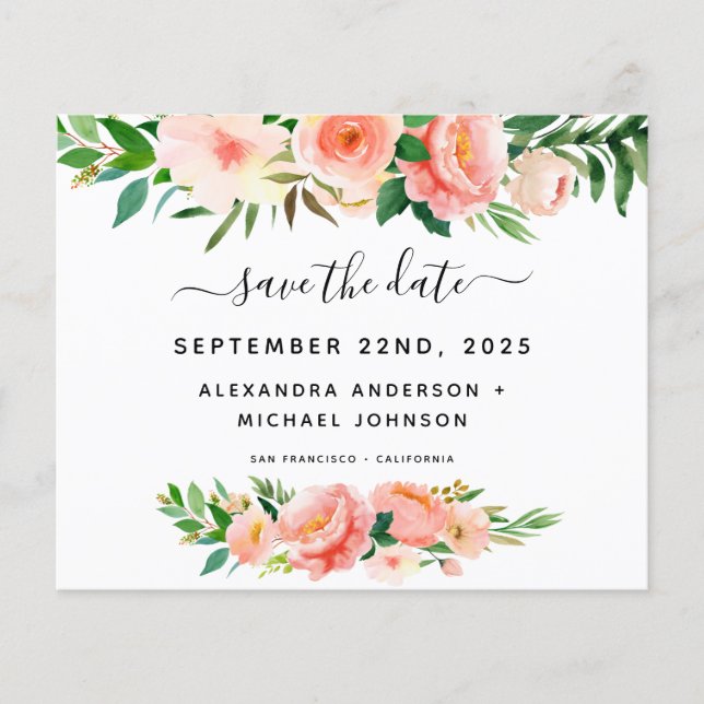 Budget Coral Peach Floral Save the Date Invitation Flyer (Front)