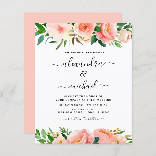 Budget Coral Peach Floral Wedding Invitation (Front/Back)