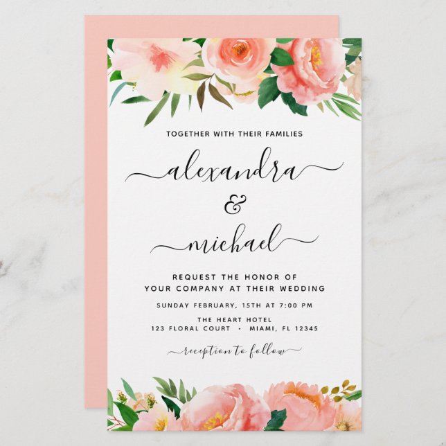 Budget Coral Peach Floral Wedding Invitation (Front/Back)