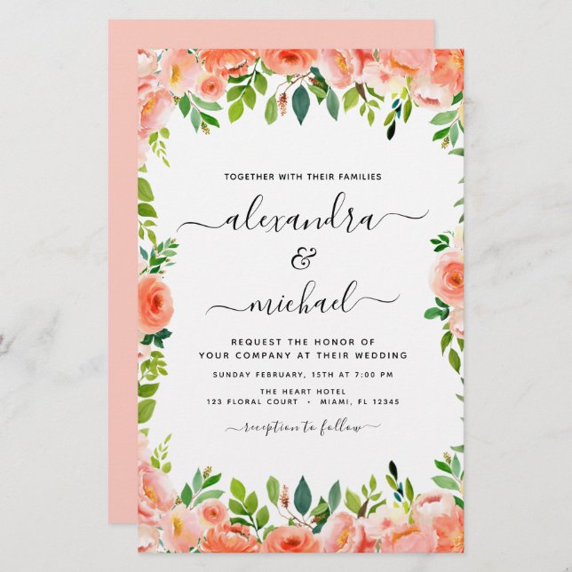 Budget Coral Peach Floral Wedding Invitation (Front/Back)