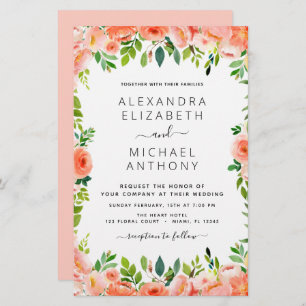 Budget Coral Peach Floral Wedding Invitation