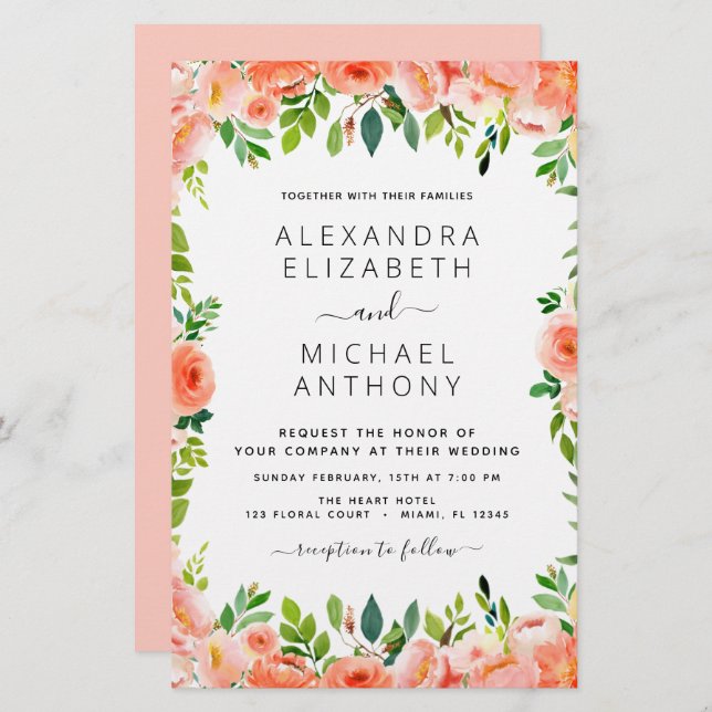 Budget Coral Peach Floral Wedding Invitation (Front/Back)