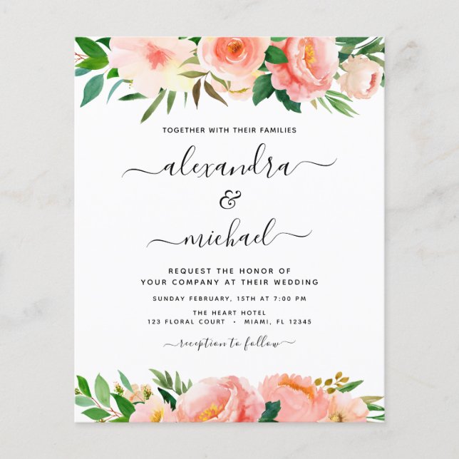 Budget Coral Peach Floral Wedding Invitation Flyer (Front)