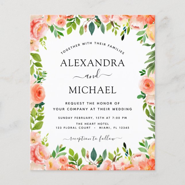 Budget Coral Peach Floral Wedding Invitation Flyer (Front)