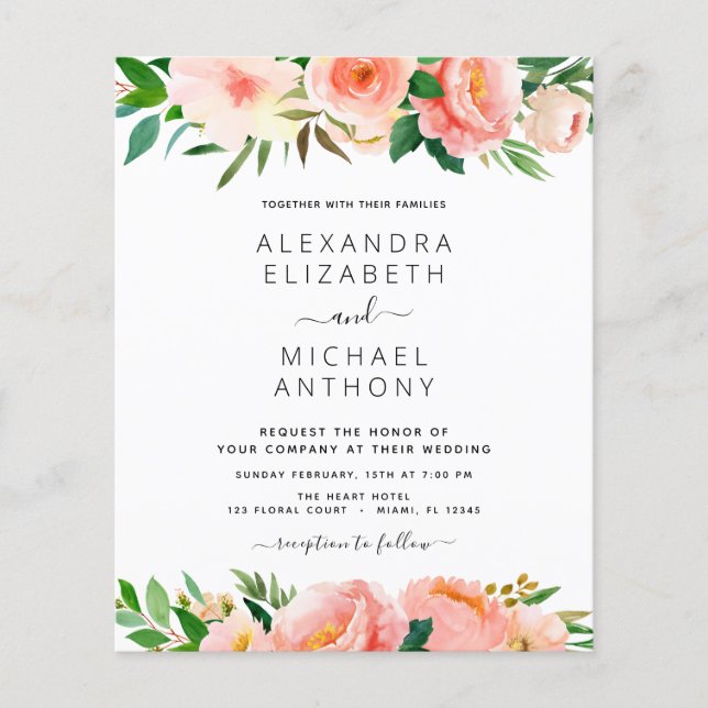 Budget Coral Peach Floral Wedding Invitation Flyer (Front)