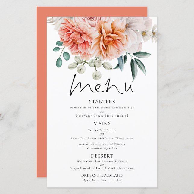 Budget Coral Peonies Florals Wedding Menu (Front/Back)