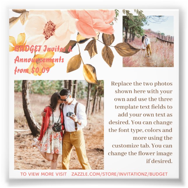 BUDGET Coral Pink Flowers Photo Text Template Print (Front)