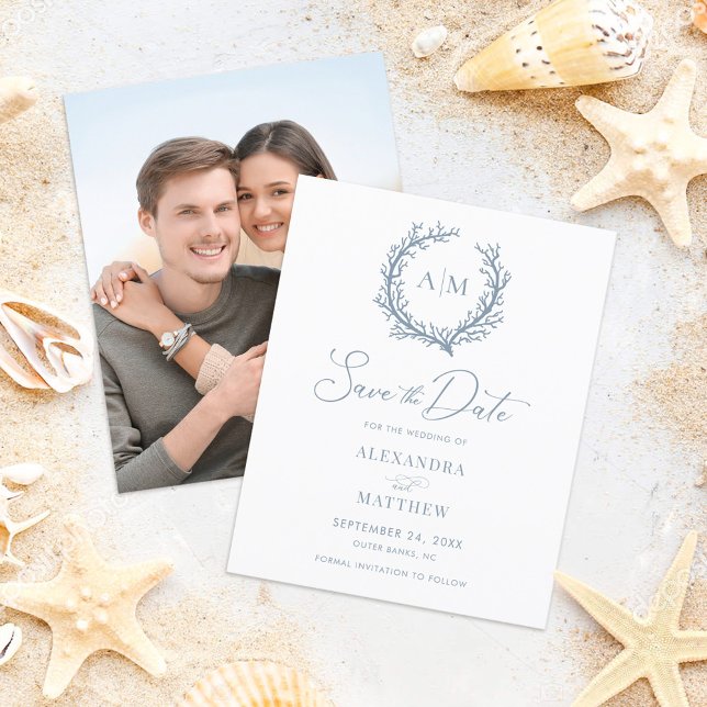 Budget Coral Reef Dusty Blue Wedding Save the Date (Creator Uploaded)