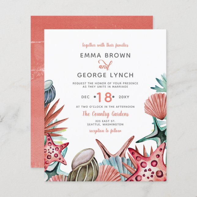 Budget Coral Seashells Beach Wedding Invitation (Front/Back)