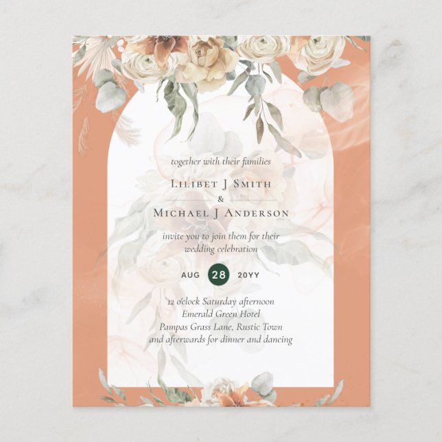 BUDGET Coral Terracotta Pampas Grass Wedding Flyer (Front)