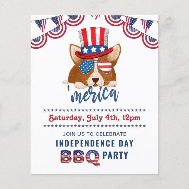 BUDGET Corgi American Hat 4th of JULY Party Invite (Front)