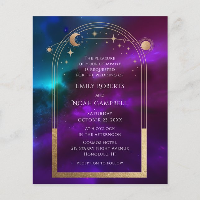 Budget Cosmic Purple Teal Gold Sun Moon Wedding Flyer (Front)