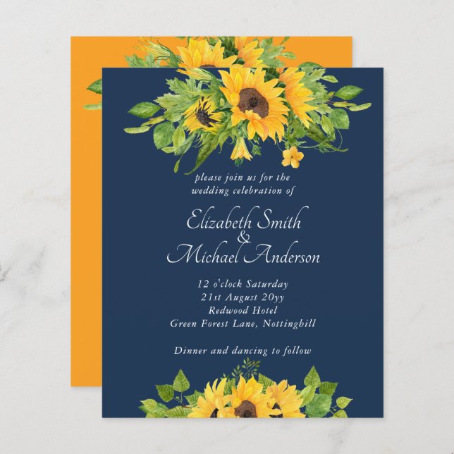 Budget Country Sunflowers Navy Wedding Invitations (Front/Back)