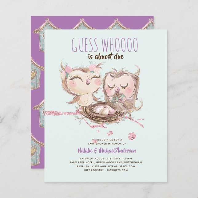 BUDGET Couples Baby Shower Cute Owls Woodland Inv. (Front/Back)