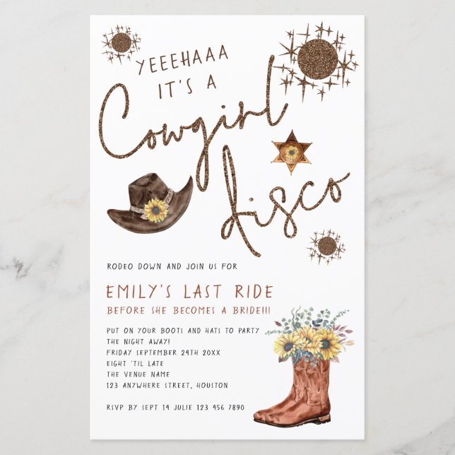 Budget Cowgirl Disco Bachelorette Party Invitation (Front)