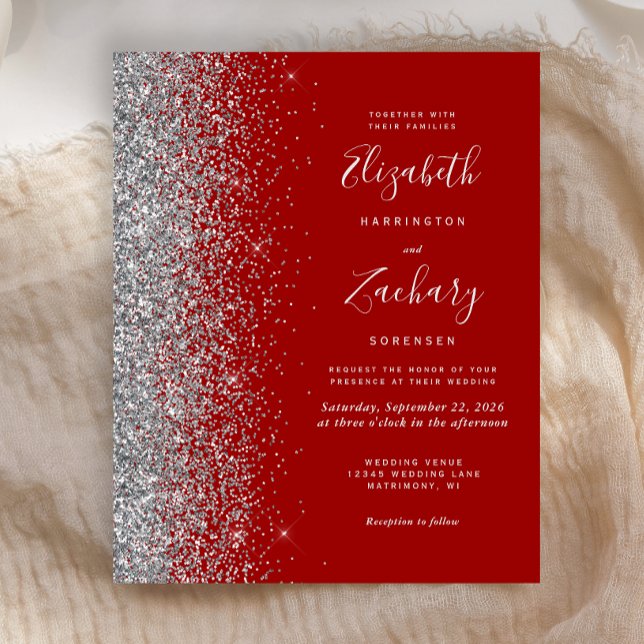 Budget Crimson Silver Glitter Wedding Invitation (Creator Uploaded)