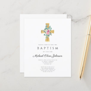 Budget Cross Pink Floral Peonies Baptism Invite