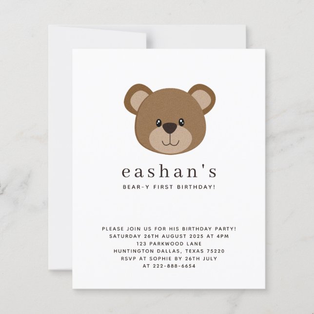 Budget Cute Bear-y First Birthday Photo Invitation (Front)