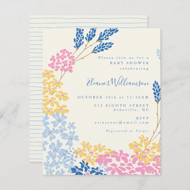 Budget Cute Blue Yellow Flowers Baby Shower Invite (Front/Back)